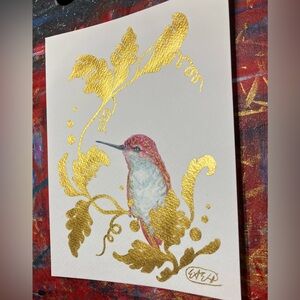 Original Hummingbird painting Gold accents bird Artwork Surrealism nouveau USA